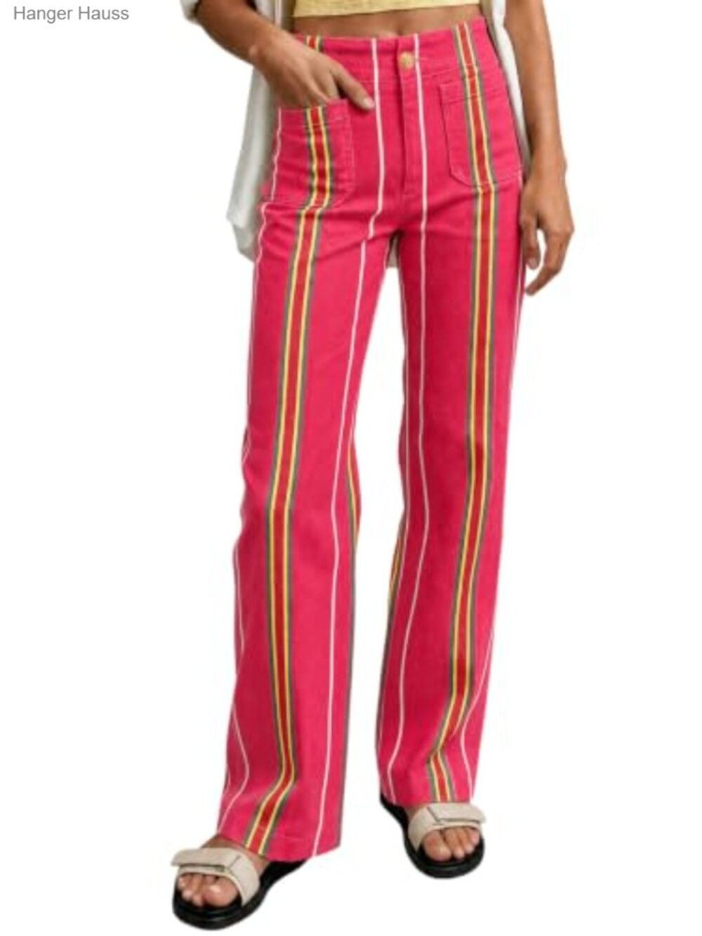 Tankaneo High Waisted Striped Wide Leg Cotton Denim Jeans